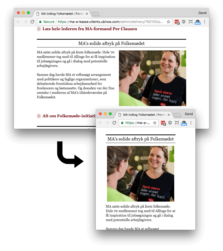 A newsletter laid out in two columns on a desktop, stacked into one column on a phone