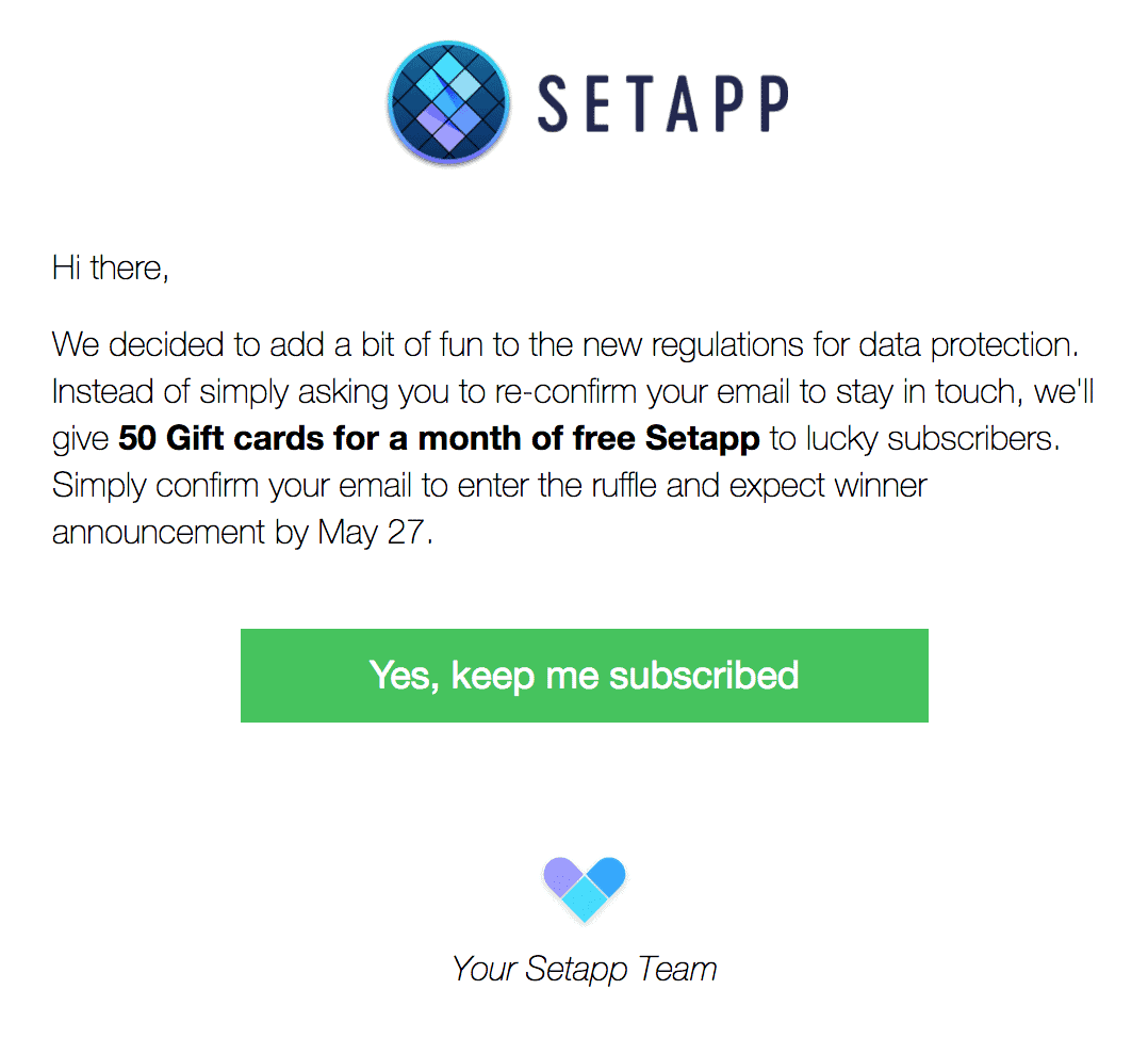 Example of a consent email offering a gift basket