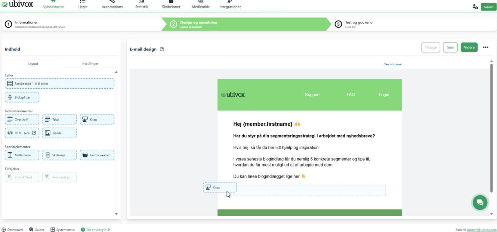 The email editor in Ubivox: content blocks dragged into the design