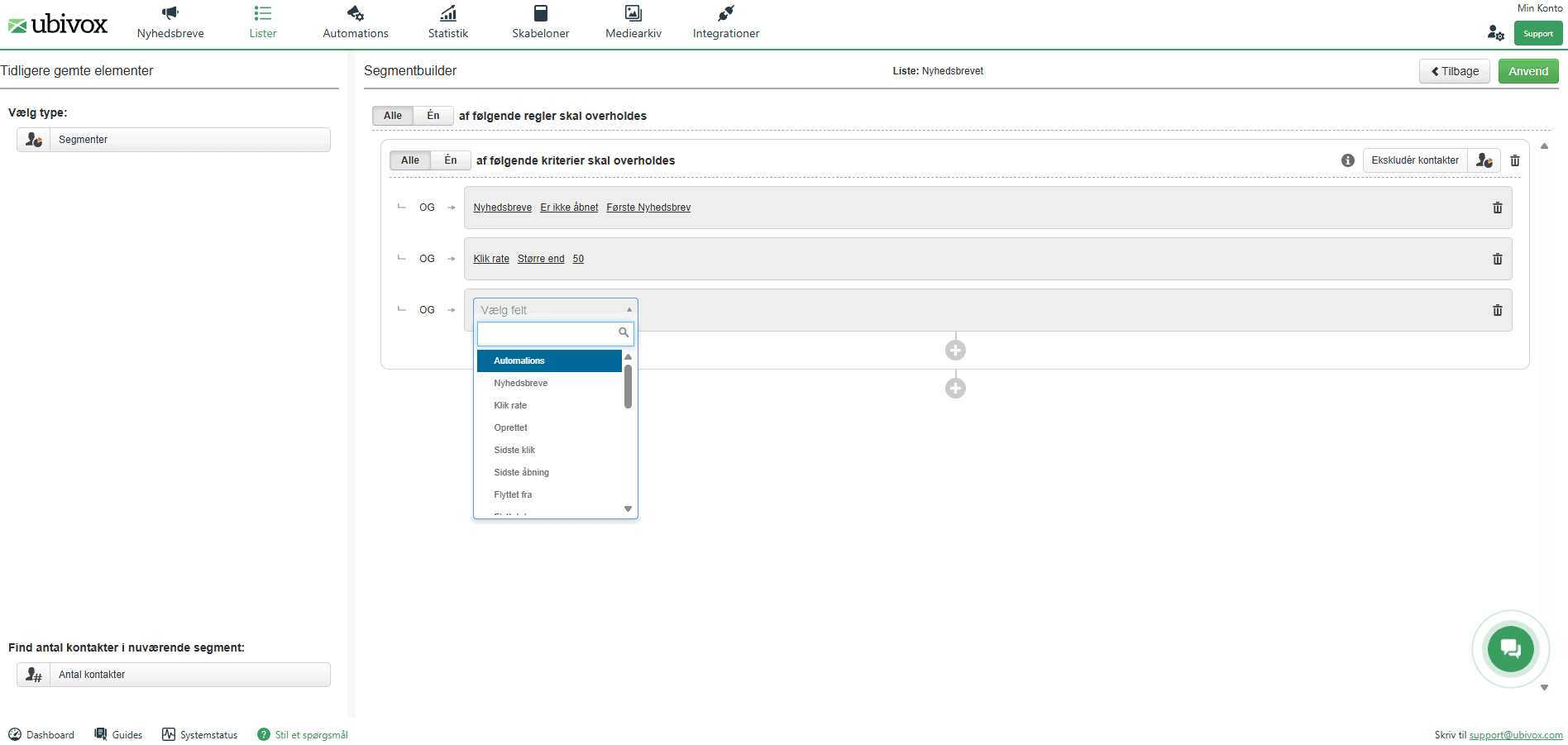 The segment builder in Ubivox: rules for building a segment from criteria