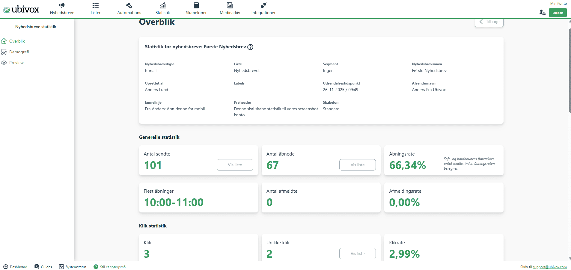 Statistics for a mailing in Ubivox: sent, opened, clicks and bounces